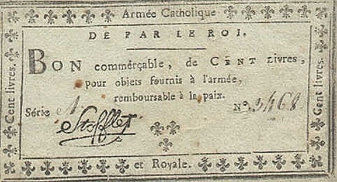 Exemple d'un papier monnaie semblable à ceux retrouvés, signé par Stofflet