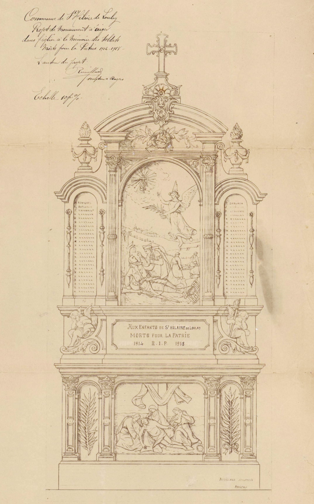 Projet de monument à ériger dans l'église à la mémoire des soldats morts pour la patrie, signé Rouillard, octobre 1920 (A.D. 85, (Fi)-4 T 52-63)