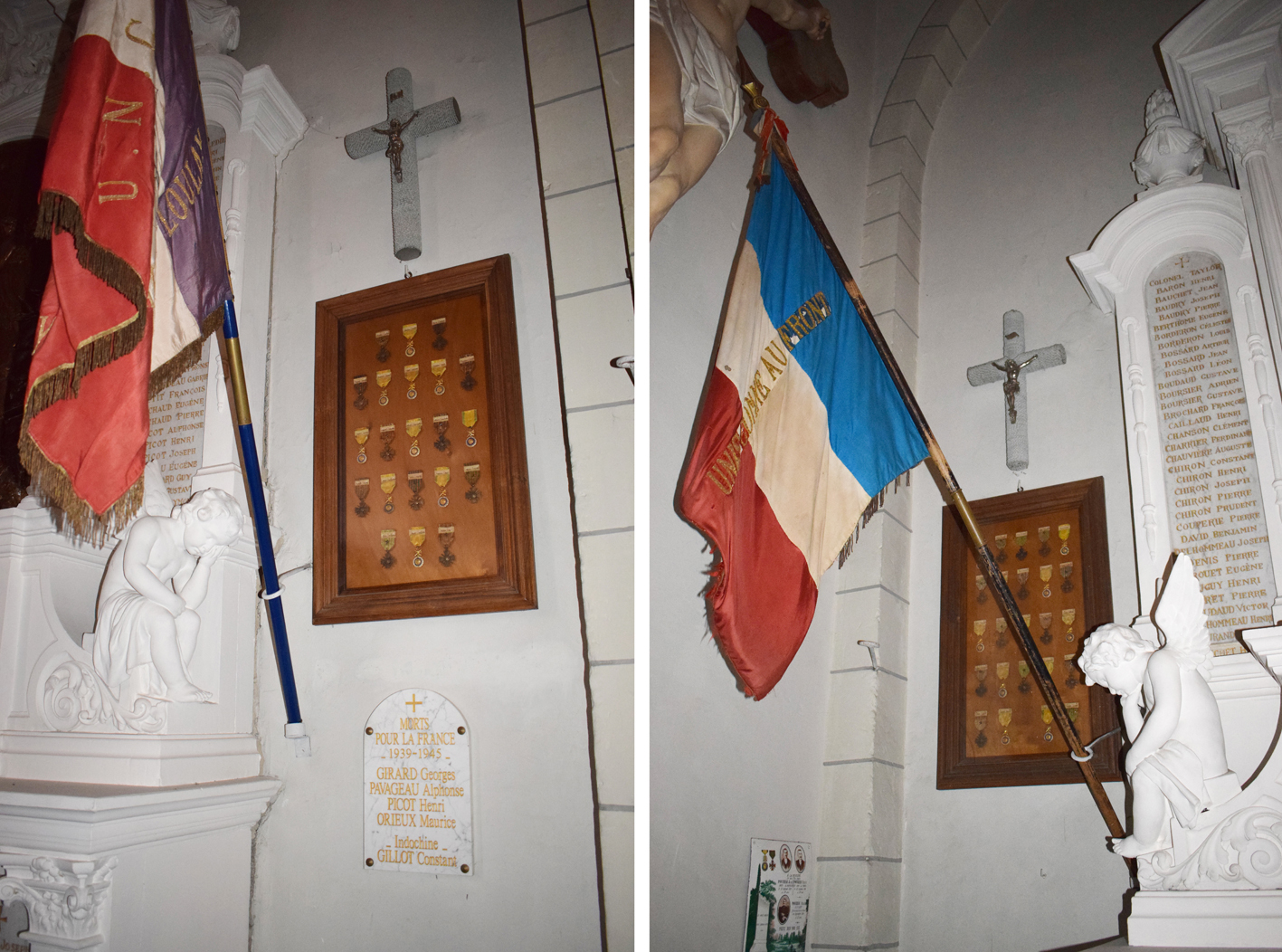 De part et d'autre du monument, drapeaux et médailles des anciens combattants